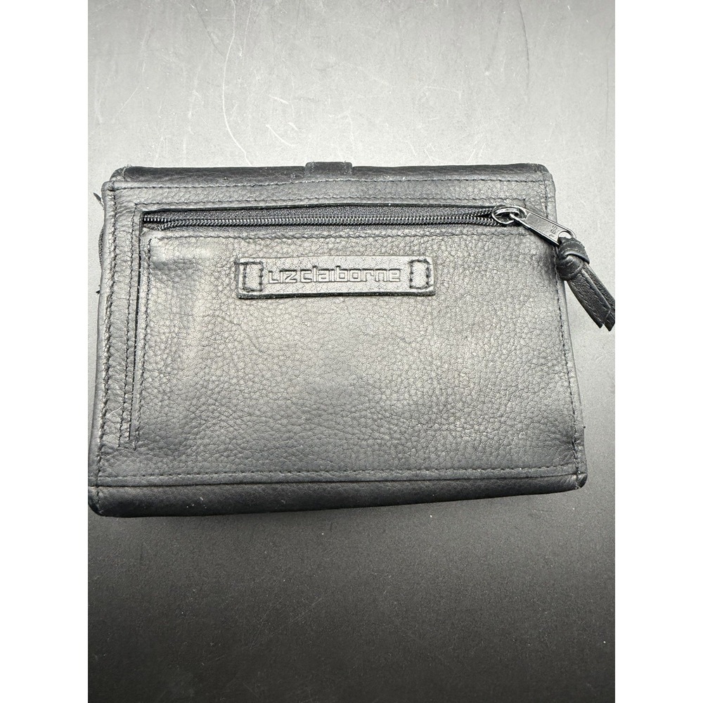 Liz Claiborne Black Leather Trifold Wallet with Zip Coin Pocket Pre-Loved